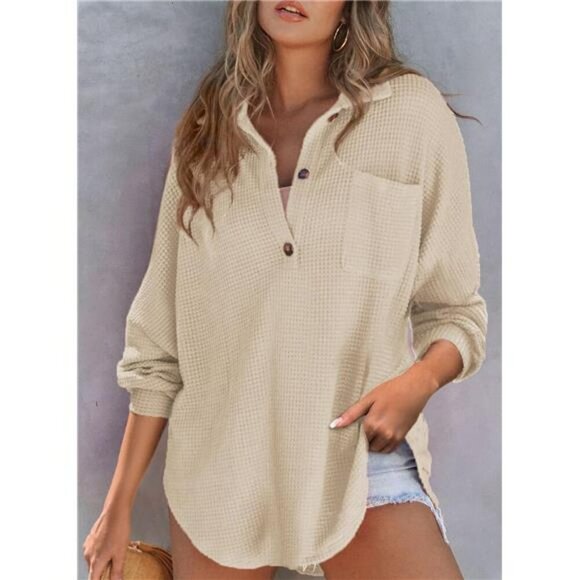 Waffle Knit Henley Top Women Long Sleeve V Neck Tunic Oversized Shirt Casual - Picture 4 of 6